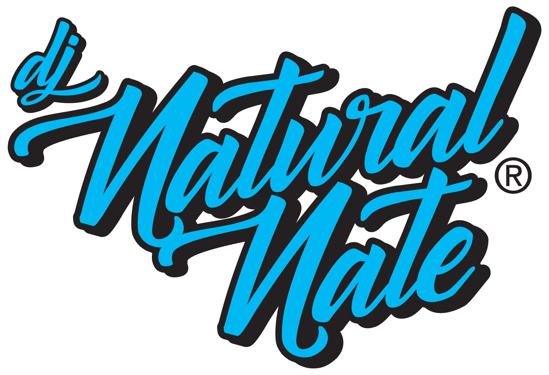 DJ Natural Nate® cyan script logo, flowing cursive lettering with black outline and registered trademark